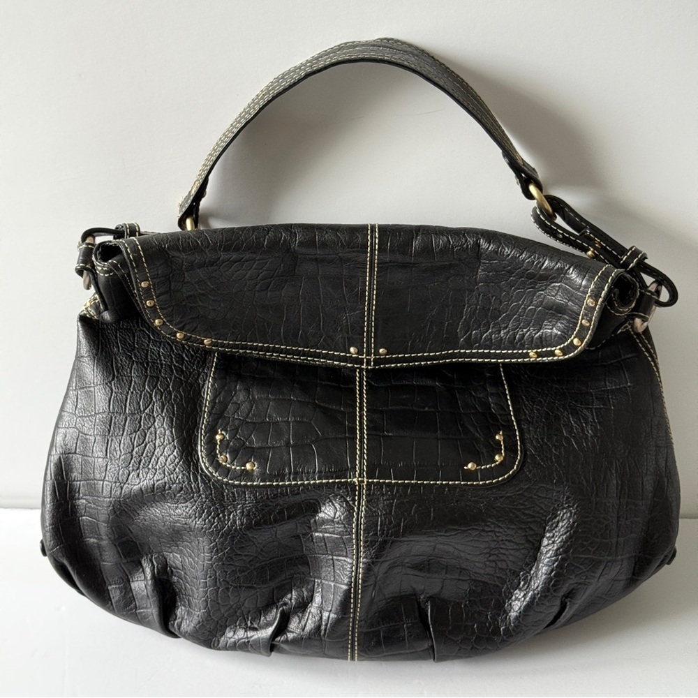 MAXX New York Black Crocodile Embossed Leather Handbag Gold Studs